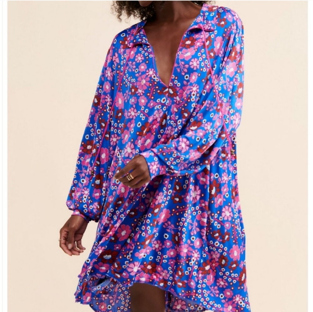 Free People Floral Mini Dress in Blue and Pink